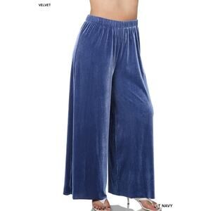 3X Zenana Blue Velvet Wide Leg Pants Lt Navy Plus Sz elastic waist plush comfort